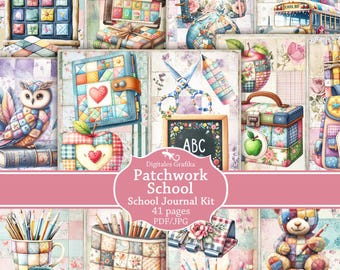 Patchwork School Junk Journal Kit, Vintage Printable Ephemera, Back to School Scrapbook