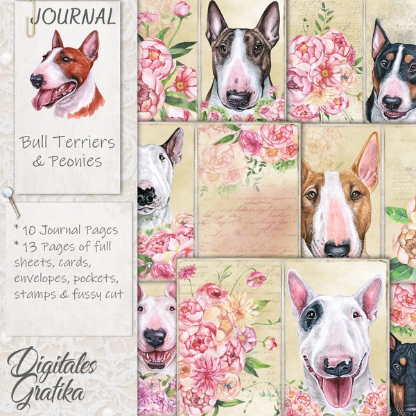 BULL TERRIERS and PEONIES Journal Kit | Dog Journal | Pages | Envelopes | Paper | Download | Printable | Puppy | Dogs | Flowers