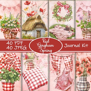 Rot Gingham Junk Journal Kit, Landhaus druckbare Seiten, Picknick Ephemera, Digital Scrapbook Kit, Vintage Gingham