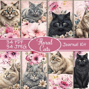 Kit de carnets floraux chats, carnet vintage, pages de journal, feuille complète, fleurs, imprimable, papier chat, cadeau chat, album de scrapbooking chat