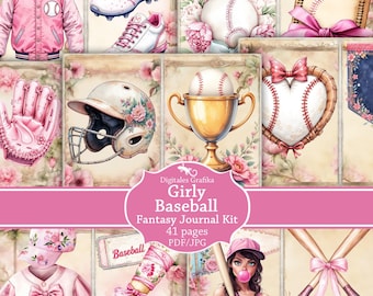 Girly Baseball Junk Journal Kit afdrukbaar, sport en vrouwelijk ephemera, schattige honkbalpagina's, digitale download