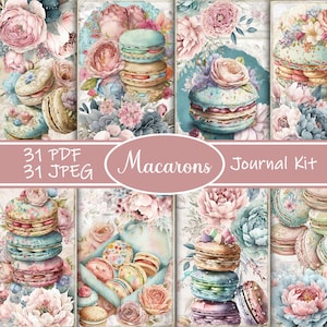 Macaron Junk Journal Kit - afdrukbare bakkerij kortstondige, Franse gebak plakboekpagina's, kawaii digitale dagboekkit, bakkerij plakboek