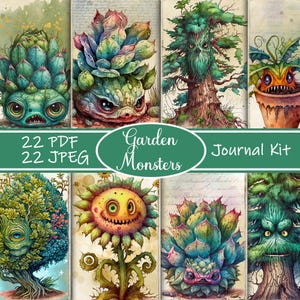 Garten Monster Junk Journal Kit, süßes Monster zum Ausdrucken, Digitale Junk Journal Seiten, Wunderliche Garten Ephemera, Garten Scrapbook Kit