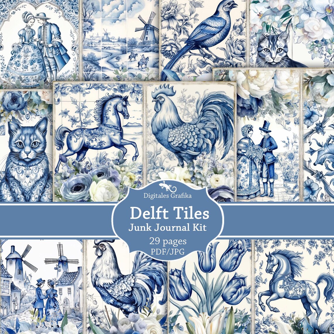 Delft Tiles Junk Journal Kit Printable, Blue and White Dutch Ephemera ...