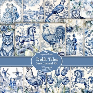 Delft Tiles Junk Journal Kit zum Ausdrucken, blaue und weiße, holländische Ephemera, Vintage Keramik Seiten, digitaler Download