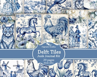 Delft Tiles Junk Journal Kit Printable, Blue and White Dutch Ephemera, Vintage Ceramic Pages, Digital Download