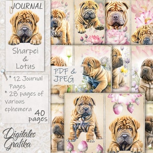 Kit diario spazzatura SHARPEI e FIORI DI LOTO, Diario dei fiori, Diario del cane, Fiori, Animali domestici, Stampabile, Diario degli animali, Regalo per cani
