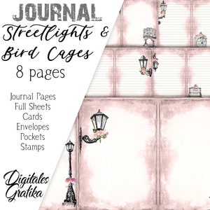 STREETLIGHTS AND BIRD Cages Junk Journal Pages, Instant Download, Printable Junk Journal, Blank Journal Pages, Pink Paper, Pink Pages