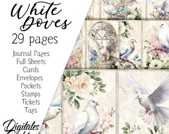 WHITE DOVES JOURNAL Kit, Peace Junk Journal, Journal Pages, Full Sheet, Flowers, Printable, White Doves Paper