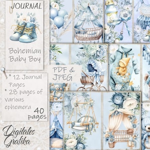 Kit voor babyafval, boho BABY JONGEN, blauwe babydagboek, dagboekpagina's, volledig vel, bloemen, afdrukbaar, boho baby