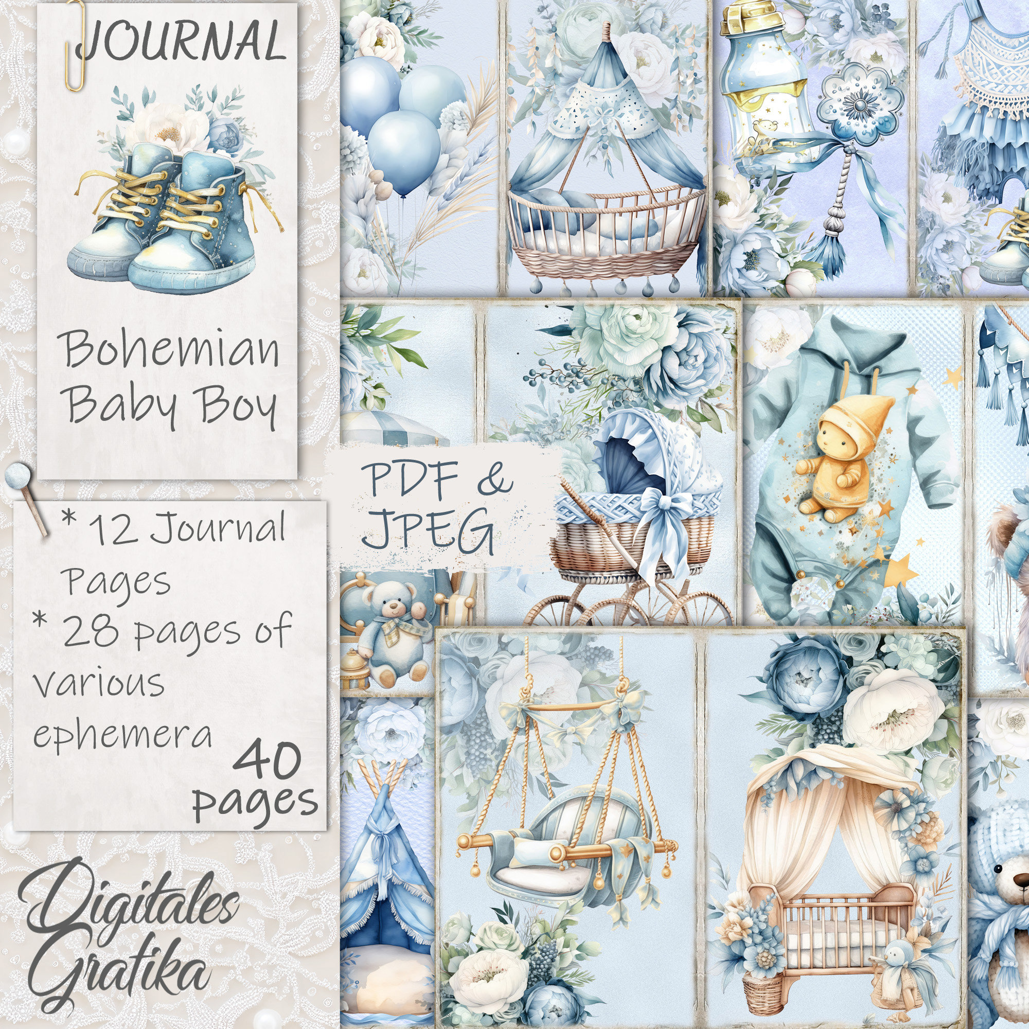 Kit de carnet de bord bohème pour bébé garçon : fleurs bleues imprimables (PDF et JPEG)