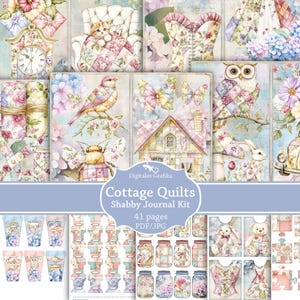 May include: A digital collage sheet featuring a variety of cottage-themed illustrations. The images include a cat in a chair, a bird, butterflies, a house, and an owl. The text reads "Cottage Quilts Shabby Journal Kit".