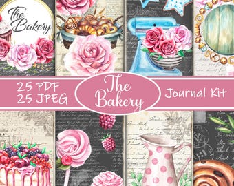 Puede incluir: Una hoja de collage digital con 25 imágenes en formato PDF y JPEG. Las imágenes presentan un tema de panadería con rosas rosas, cupcakes, pasteles y otras golosinas dulces. El texto "The Bakery Journal Kit" se muestra en la hoja.