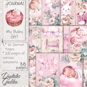 Kit de carnets MA BÉBÉ FILLE, carnet rose pour bébé, pages de carnet, feuille complète, fleurs, imprimable, papier pour bébé, journal unique rose pour bébé fille