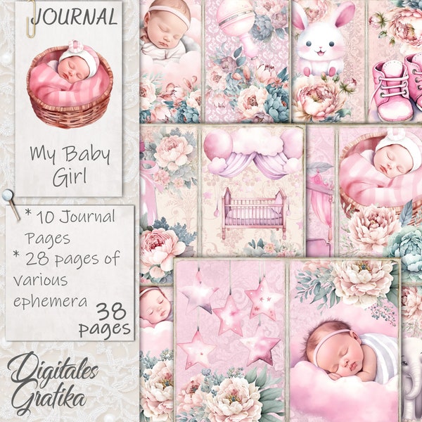 MY BABY GIRL Journal Kit, Pink Baby Junk Journal, Journal Pages, Full Sheet, Flowers, Printable, Baby Paper, Unique Pink Baby Girl Journal