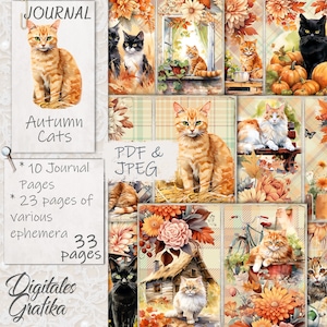 Autumn Cats Junk Journal Kit: Vintage Ephemera Pages (PDF & JPEG)