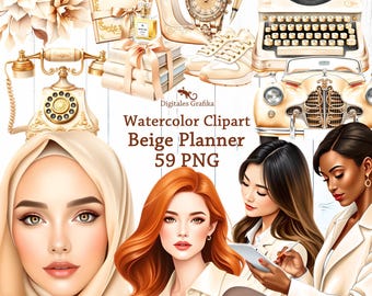 Beige Planner Clipart, Luxury Neutral Watercolor Clipart, Planner Girls, Digital Download