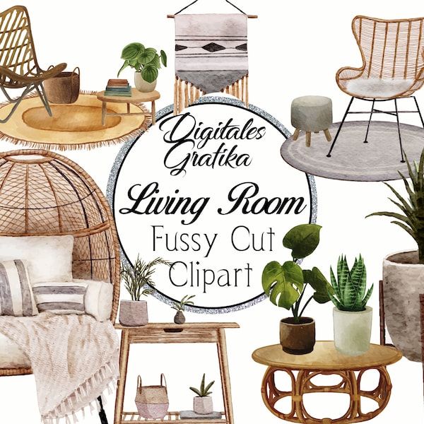 Living Room Clip Art, Living Room Fussy Cut, Furniture Clipart, Watercolor, Cricut, Silhouette, Tools, Digital Download, Blackout Files