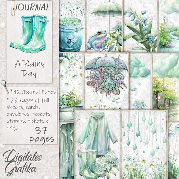 A RAINY DAY Journal Kit, Rainy Weather Junk Journal, Journal Pages, Full Sheet, Flowers, Printable, Rain Papers, Rainy Day Scrapbook