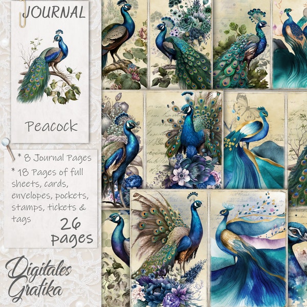 PEACOCK JOURNAL KIT, Colorful Bird Journal, Pages, Envelopes, Paper, Download, Printable, Peafowl, Watercolor Peacock Journal Kit