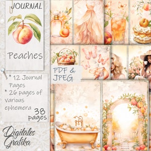 Carnet de bord pêche, carnet de fruits, pages de journal, fleurs, imprimable, album de scrapbooking doux couleur pêche