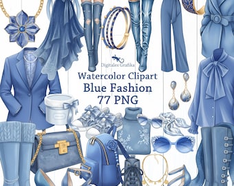 Blue Fashion Clipart: Fashion Watercolor Illustrations, Download