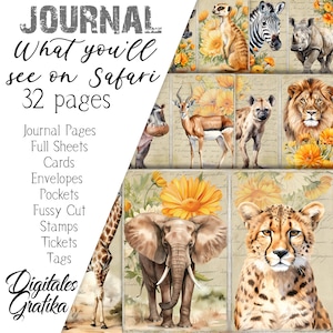 Kit diario spazzatura, COSA vedrai su Safari, Diario spazzatura animali africani, Pagine di diario, Foglio intero, Fiori, Stampabile, Animali selvatici