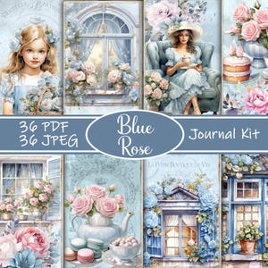 Blue Rose Junk Journal Kit Vintage Printable Ephemera, Floral Digital Paper, Shabby Chic Junk Journal Pages for Scrapbooking