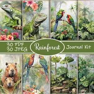 May include: A digital collage sheet with 30 rainforest themed images in PDF and JPEG format. The images feature vibrant green leaves, colourful parrots, and a capybara with its young.