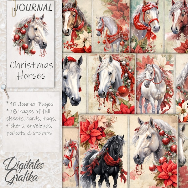 CHRISTMAS HORSES JOURNAL Kit, Festive Junk Journal, Journal Pages, Full Sheet, Flowers, Printable, Christmas Horses Paper