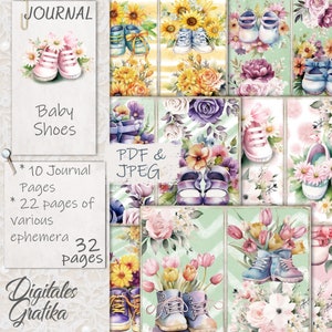 Baby Shoes Junk Journal Kit: Floral Printable Pages (PDF & JPEG)