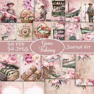 Gone Fishing Junk Journal Kit, vintage junk Journal, dagboekpagina&#39;s, volledig vel, bloemen, afdrukbaar, roze visserijdagboek