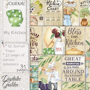 Junk Journal Kit MY KITCHEN, Cooking Journal, páginas, envelopes, papel, download, para impressão, azeitonas, panificação, presente de cozinha