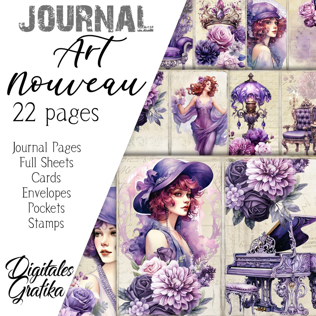 ART NOUVEAU JOURNAL Kit Artsy Journal Purple Flowers Art Etsy