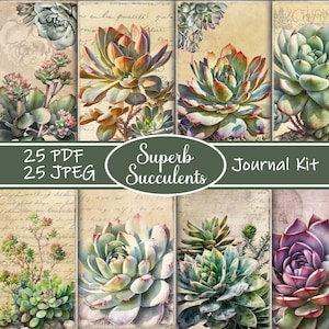 May include: A digital collage sheet featuring 25 images of succulents in various shades of green, brown, and purple. The images are arranged in a grid pattern and have a vintage aesthetic. The text "Superb Succulents Journal Kit" is displayed in a green banner at the bottom of the collage.