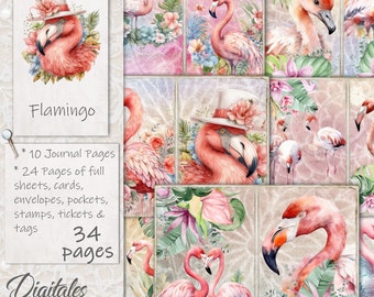 FLAMINGOS JOURNAL KIT, Birds Junk Journal, Journal Pages, Full Sheet, Flowers, Printable, Flamingo