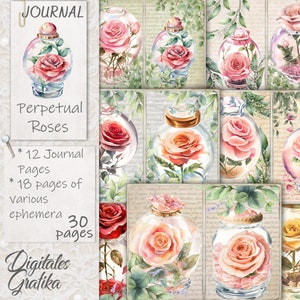 PERPETUAL ROSES JOURNAL Kit, Flower Journal, Roses, Pink Roses, Pages, Printable, Red Roses, Yellow Roses, Roses in jars