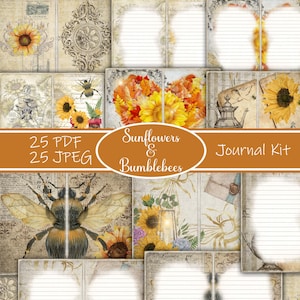 Kit diario spazzatura girasole e calabrone, buste, carta, digitale, download, stampabile, estate, bellissimo diario sulla natura