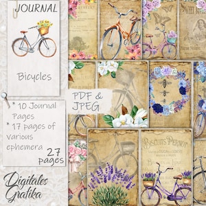 Bicycles Junk Journal Kit, Cycle Journal, pagina's, enveloppen, papier, download, afdrukbaar, fietskaarten, fietsenveloppen