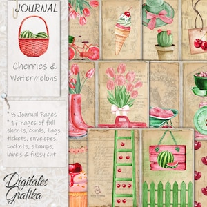 Kit de diario CEREZAS Y SANDÍAS / Páginas / Sobres / Fruta / Papel / Descargar / Imprimible / Diario Ephemera