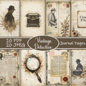 Páginas de diario de detectives vintage, kit imprimible de misterio, efímeras de novela negra, álbum de recortes de escenas del crimen, kit de diario de espionaje digital