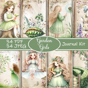 Kit de carnet de notes Garden Girls, imprimés éphémères botaniques Cottagecore, pages florales de scrapbooking, téléchargement numérique, scrapbooking de jardin