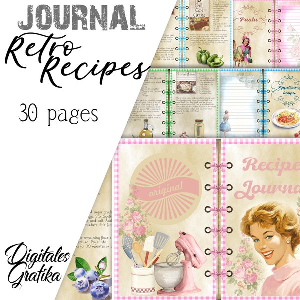 RETRO RECIPE JOURNAL | Recipe Junk Journal | Pages | Food Journal | Download | Printable | Vintage Journal