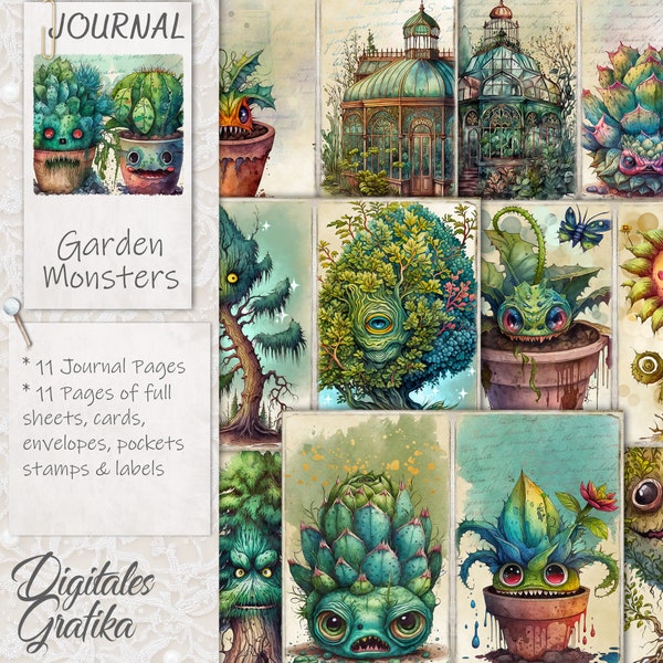 GARDEN MONSTERS JOURNAL Kit | Cute Garden Junk Journal | Pages | Envelopes | Paper | Download | Printable | Funny Plants
