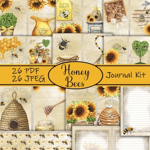 Honey Bee Junk Journal Kit, Insekten Journal, Seiten, Umschläge, Papier, Download, bedruckbar, Natur Journal, Sonnenblumen