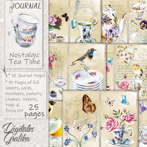 NOSTALGIC TEA TIME Journal Kit, Tea Journal, Drinks Journal, Tea Papers, Pages, Printable, Birds, Flowers