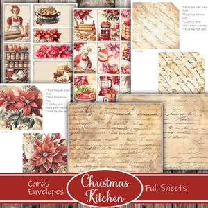 May include: A digital collage sheet with a Christmas kitchen theme. The sheet includes images of poinsettias, kitchen tools, and handwritten text. The sheet is designed for crafting projects such as cards, envelopes, and full sheets.