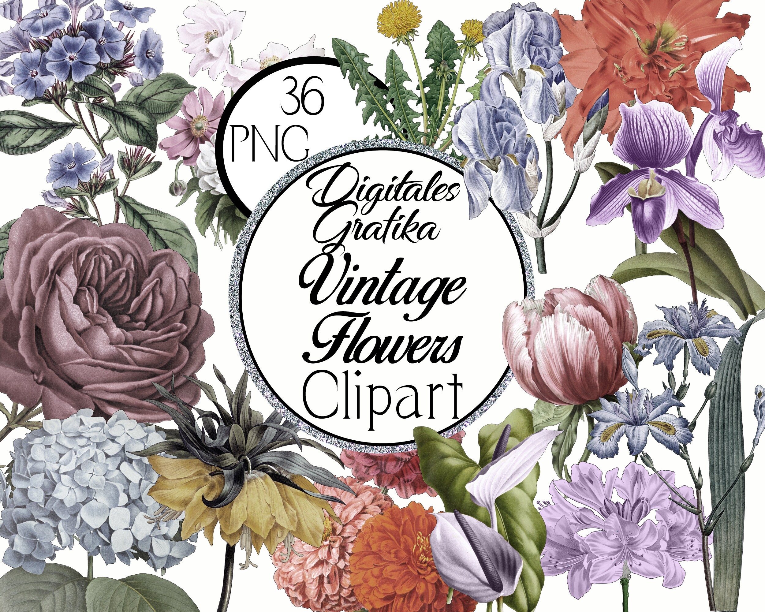 VINTAGE FLOWERS WATERCOLOR Clipart Flower Clip Art Vintage - Etsy
