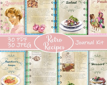 Retro Recipe Junk Journal: 30 Printable Pages (Digital Download)