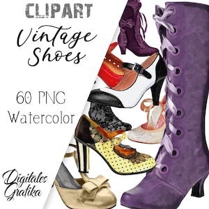 VINTAGE SHOES WATERCOLOR Clipart, Antique Shoes Clip Art, Commercial Clipart, Boots Clipart, Sneakers Clipart
